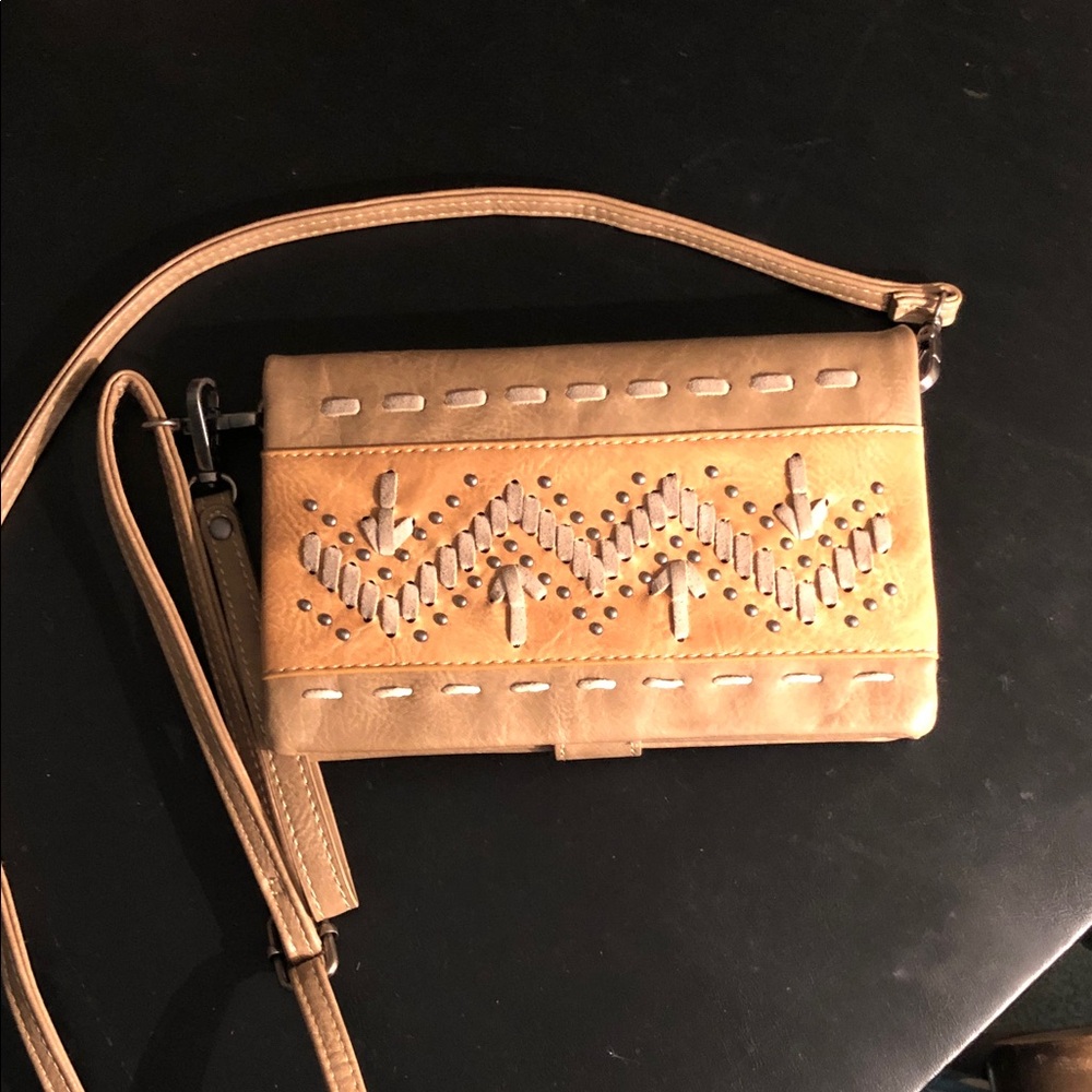 Elegant Tan Crossbody Bag with Embroidered Design